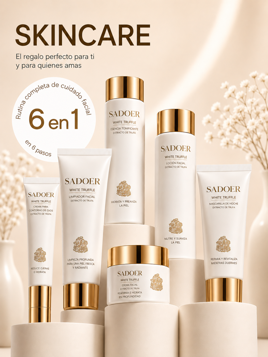 Skincare SADOER 6 en 1 con trufa blanca.