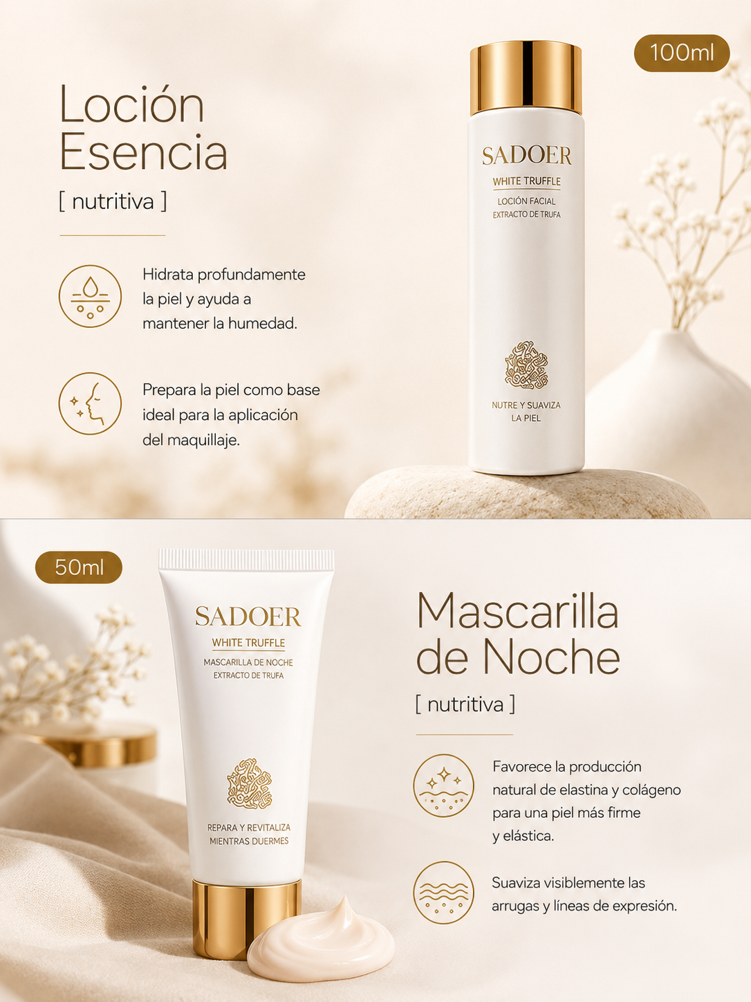 Skincare SADOER 6 en 1 con trufa blanca.